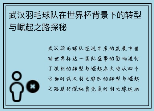 武汉羽毛球队在世界杯背景下的转型与崛起之路探秘